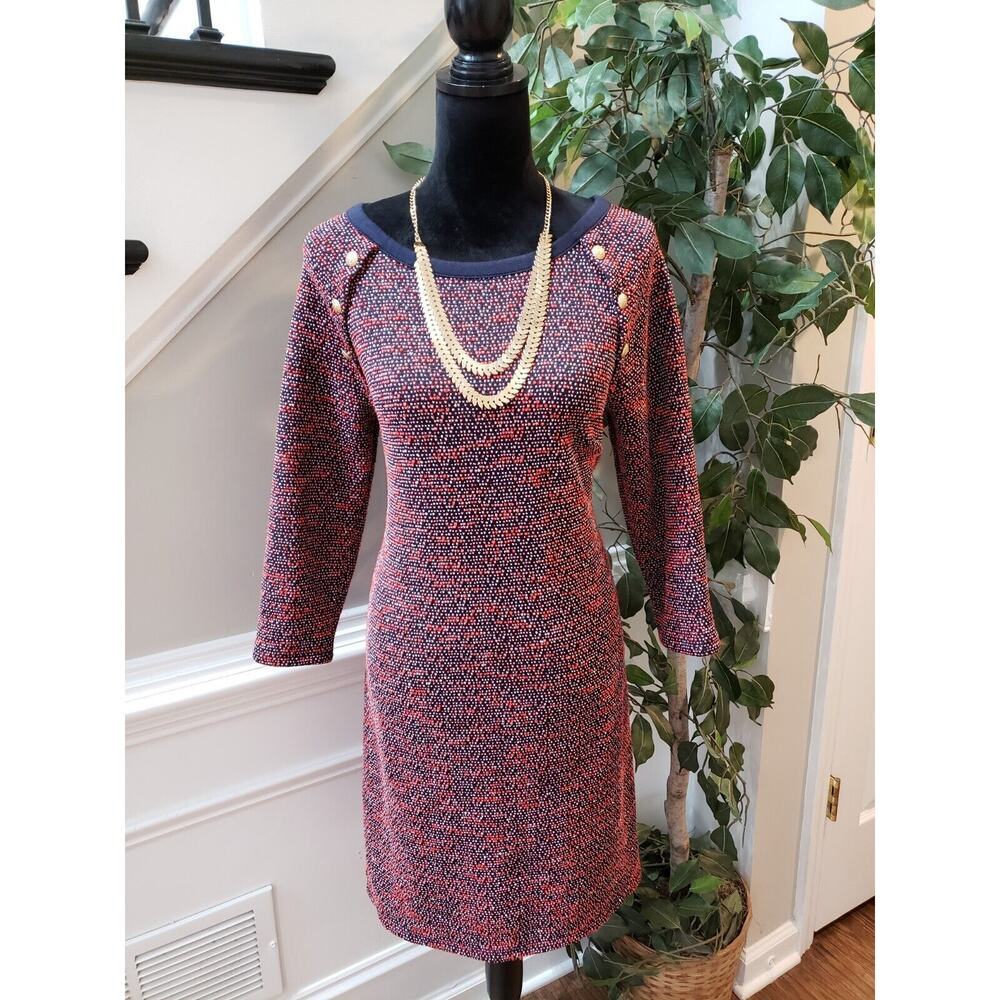 Talbots Women Red & Blue Polyester Round Neck 3/4 Sleeve Knee Length Dress Large